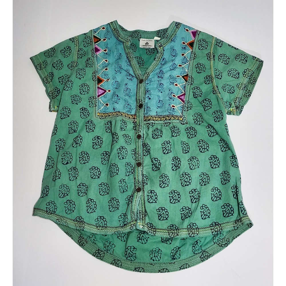 Marketplace Handwork of India Green Block Print Boho Embroidered Blouse Top